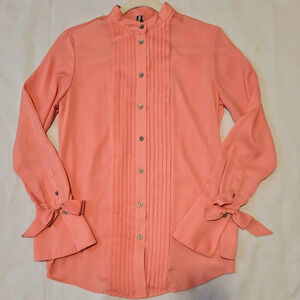 Banana Republic Dillon Bow Pink Pleated Front Button Shirt Fluted Sleeve Cuff XS